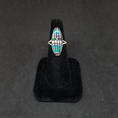 Colorful Feathers inlay multistone Pearl Opal Onyx Sterling silver oval shape ring size 7 3/4