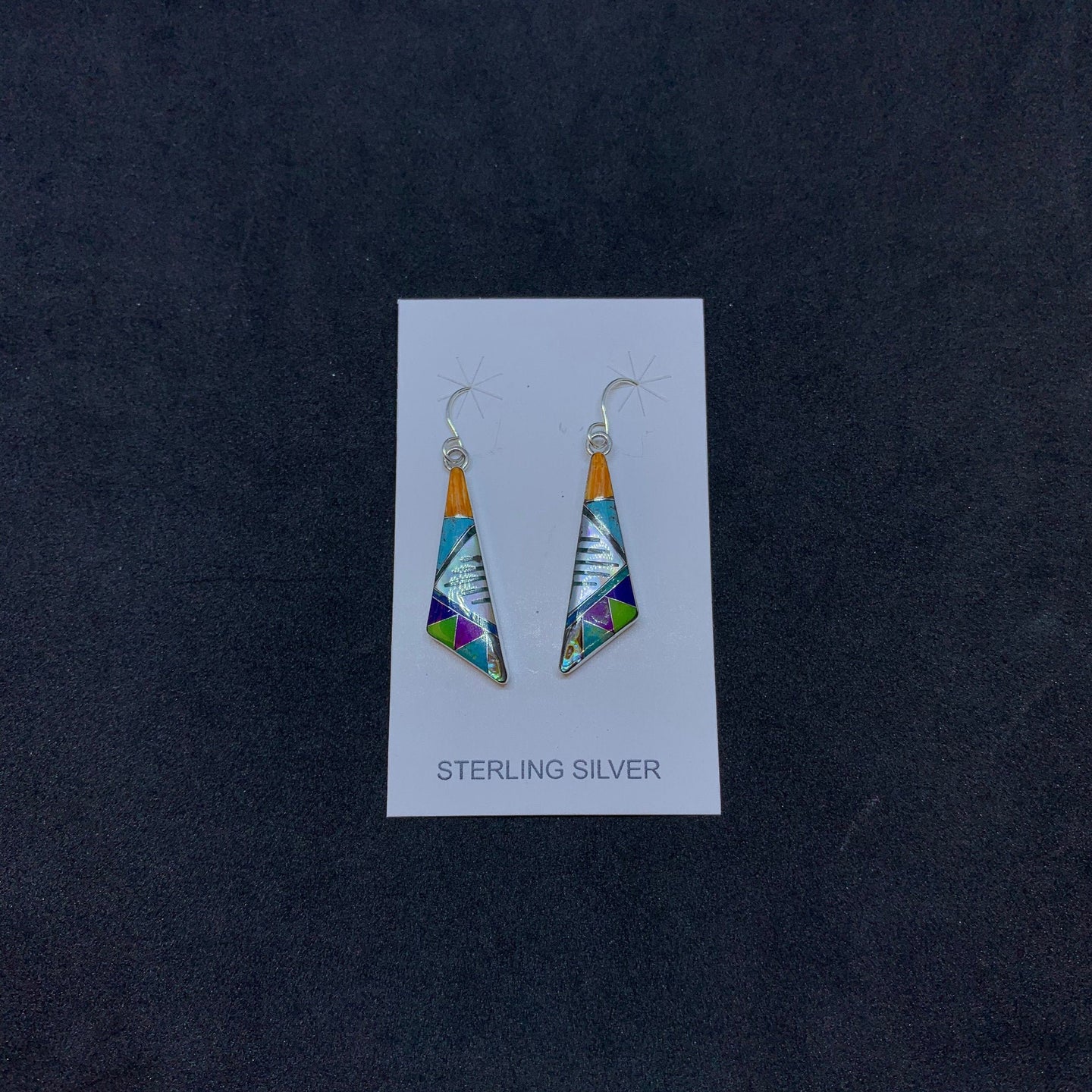 Inlay Multi stone with scalene triangles  design sterling silver dangle earrings