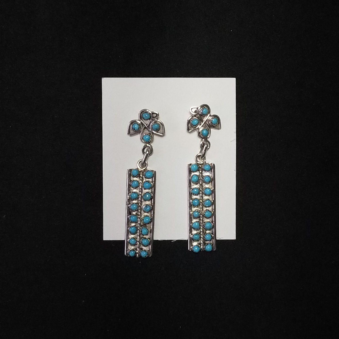 Southwest Flower Rectangle  Kingman Turquoise Dots Sterling Silver Stud Earrings