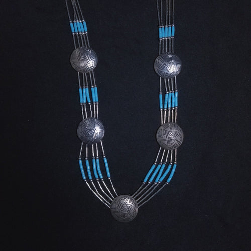 26 inches Round Turquoise daisy flower shape sterling silver beaded necklace