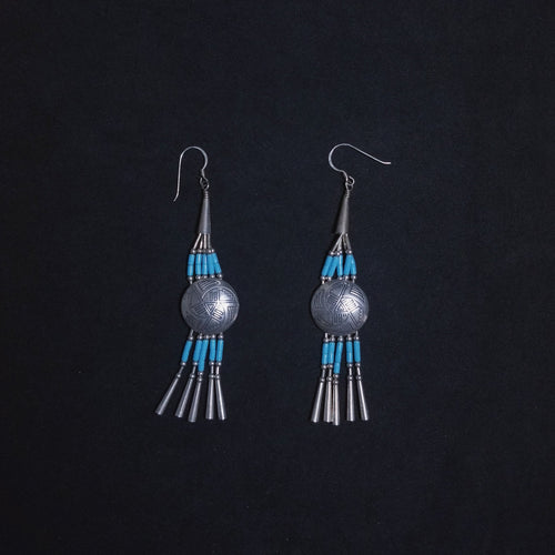 3 1/2  inches Round Turquoise Symbol shape sterling silver beaded dangle earrings