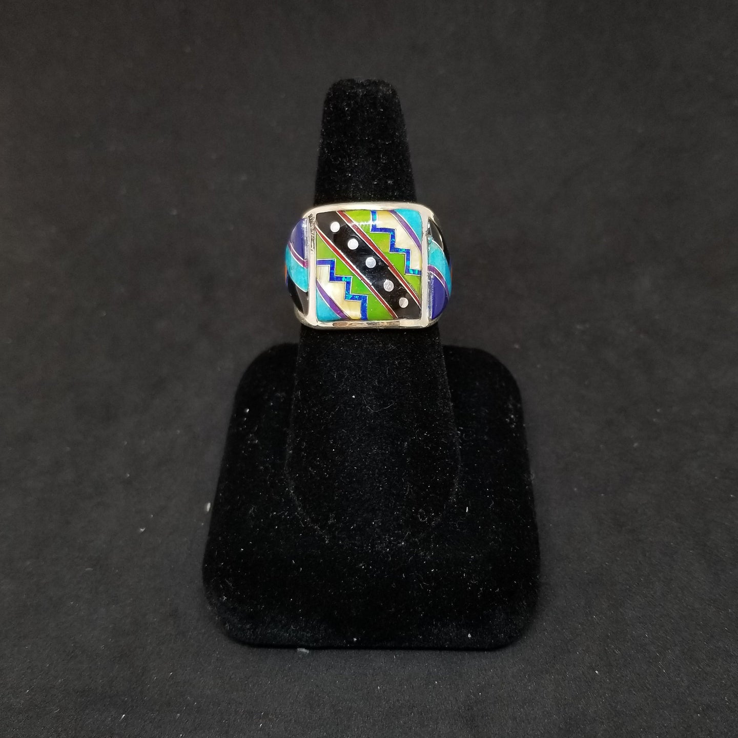 Diagonal Stripes and Dots inlay multi-stones Gaspeite Turquoise Pearl Oyster Square shape Sterling silver ring size 11