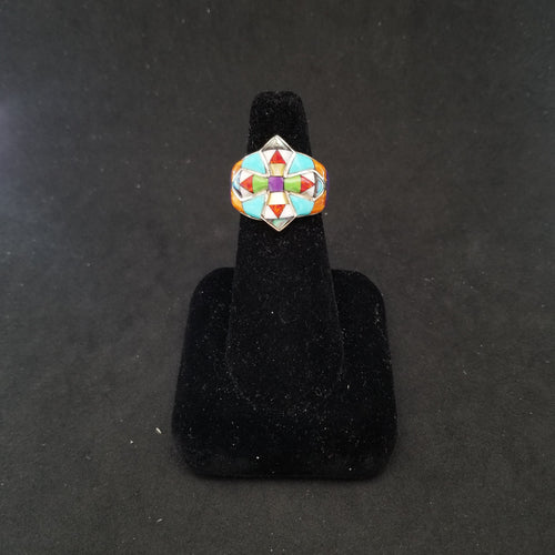 Colorful Cross with Peaceful Color multistone Turquoise Gaspeite Opal Oyster Sterling silver ring size 7
