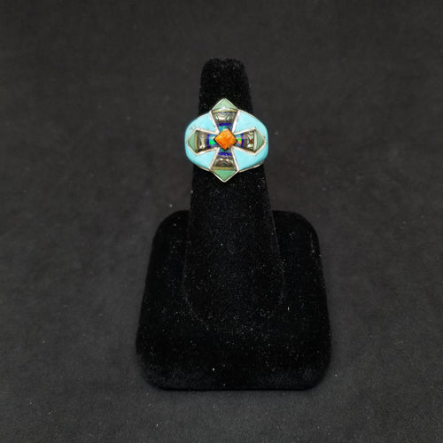 Colorful Cross inlay multistone Abalone shell Gaspeite Oyster Turquoise sterling silver ring size 7 1/4 inches