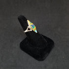 Sunset Feathers inlay Opal Spiny Oyster Turquoise Gaspeite Coral Pearl Sterling silver kite shape ring size 8 3/4
