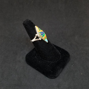 Sunset Feathers inlay Opal Spiny Oyster Turquoise Gaspeite Coral Pearl Sterling silver kite shape ring size 8 3/4