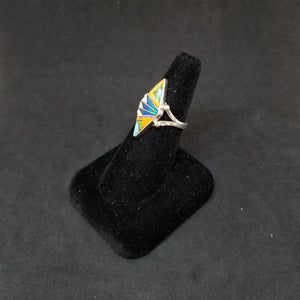 Sunset Feathers inlay Opal Spiny Oyster Turquoise Gaspeite Coral Pearl Sterling silver kite shape ring size 8 3/4