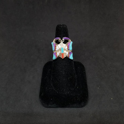 Colorful Butterfly inlay Mountain Turquoise Onyx Oyster Opal Sterling silver ring size 8 1/2
