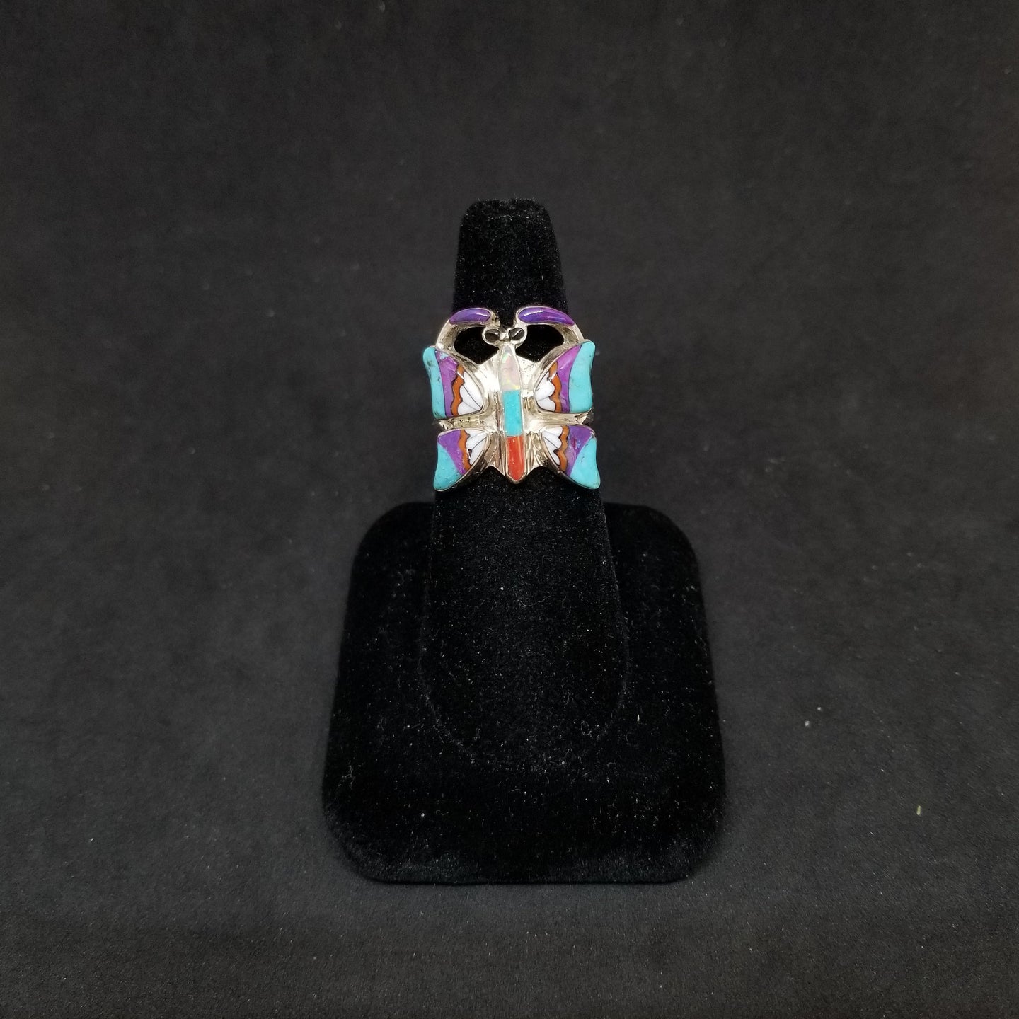 Colorful Butterfly inlay Mountain Turquoise Onyx Oyster Opal Sterling silver ring size 8 1/2