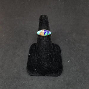 Simple Zig Zac design inlay multistone Turquoise Sandstone Lapis Opal Sterling silver ring size 8