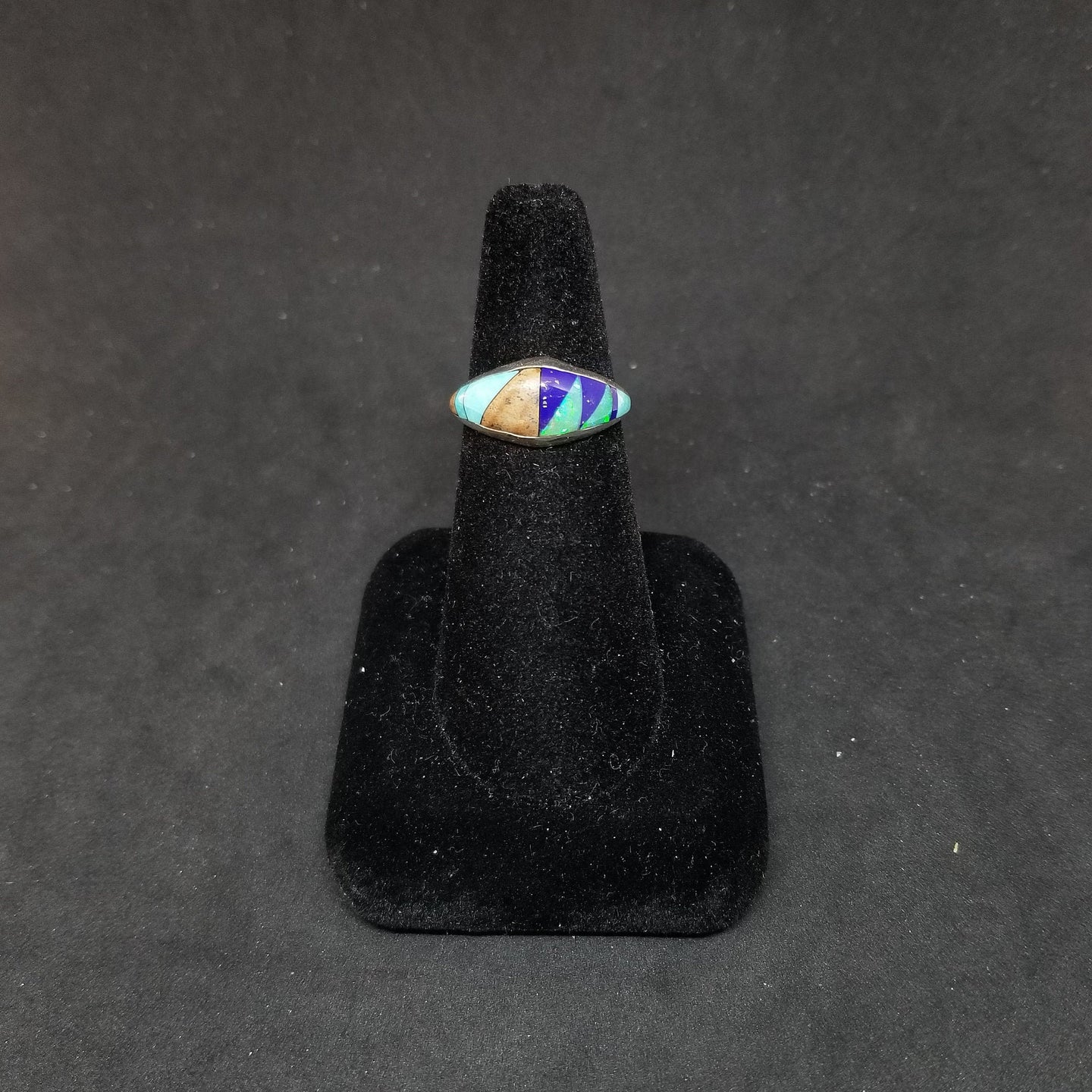 Simple Zig Zac design inlay multistone Turquoise Sandstone Lapis Opal Sterling silver ring size 8