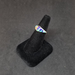 Simple Zig Zac design inlay multistone Turquoise Sandstone Lapis Opal Sterling silver ring size 8