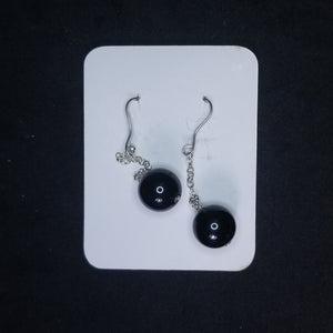 12 mm Sphere Black Onyx with chain sterling silver dangles earrings