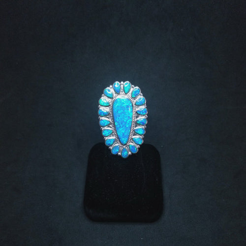 Cluster petit point blue fire opal teardrop design sterling silver ring