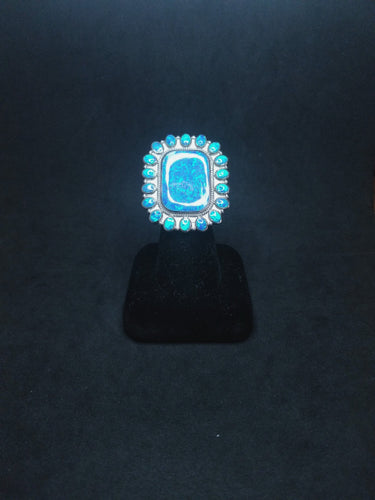 Cluster petit point blue fire opal rectangular design sterling silver ring