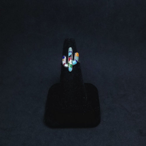 Colorful inlay cactus mini detailed design Turquoise Oyster Pearl Shell Coral Lapis silver ring size 7 3/4