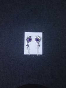 Oval Amethyst with Rhombus dots and Crystal long thin sterling silver stud earrings - Vintage