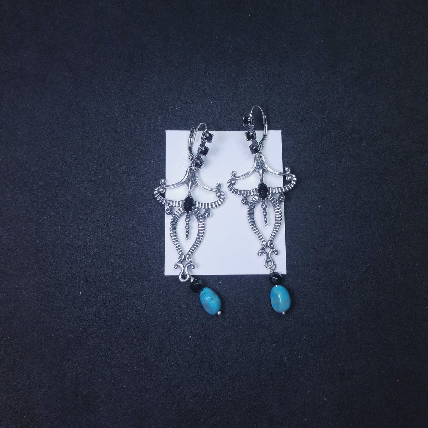 Inlay Black Onyx Turquoise and  sterling silver Graving Designed dangles earrings - Vintage