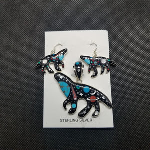 Southwest Wolf jewelry set sterling silver pendant and earrings - inlay multi stones galaxy scene earth moon stars