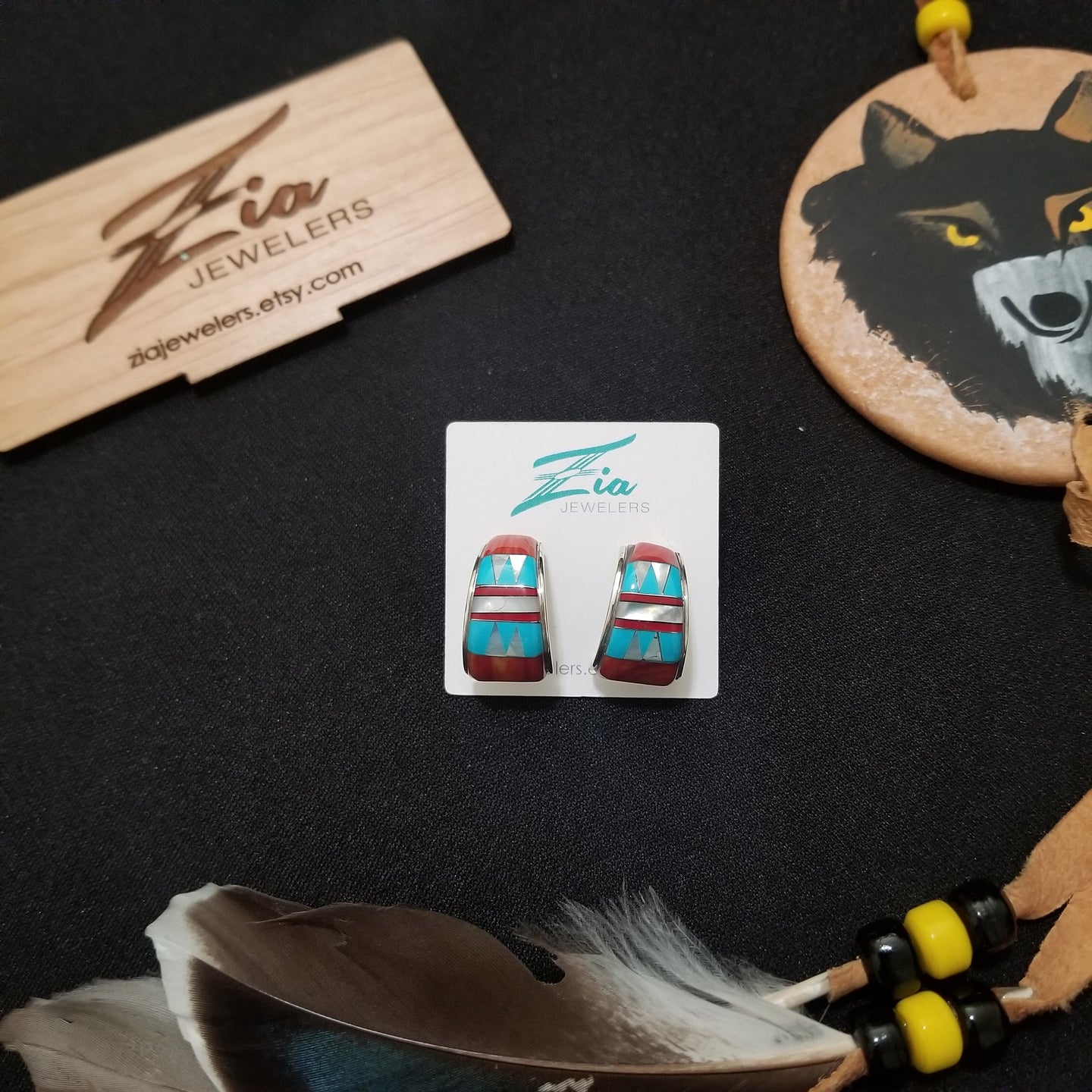 Navajo colorful inlay Turquoise Coral Pearl Oyster multicolor multistone semicircle shape sterling silver stud earrings