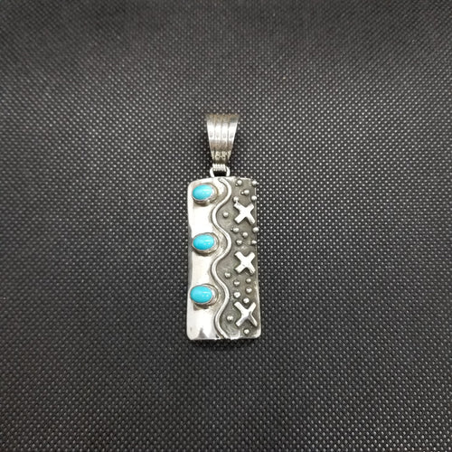 3 stones 3 crosses petite point squiggle rectangle kingman turquoise sterling silver pendant neckalce signed Jamel Mike