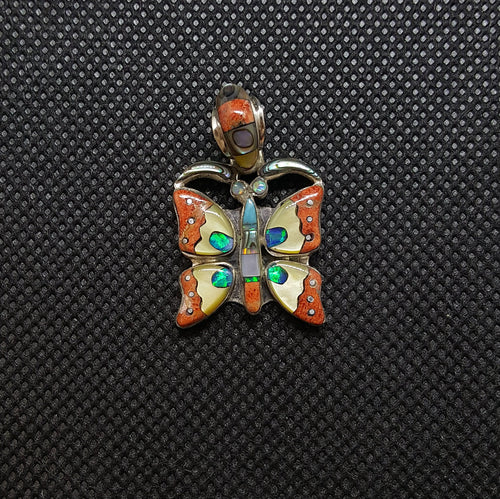 Butterfly Silver Fire Coral Yellow Pearl Kingman Turquoise Pendant Necklace Sterling Silver