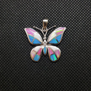 Butterfly Pink Opal White Opal Blue Opal Pendant Necklace Sterling Silver
