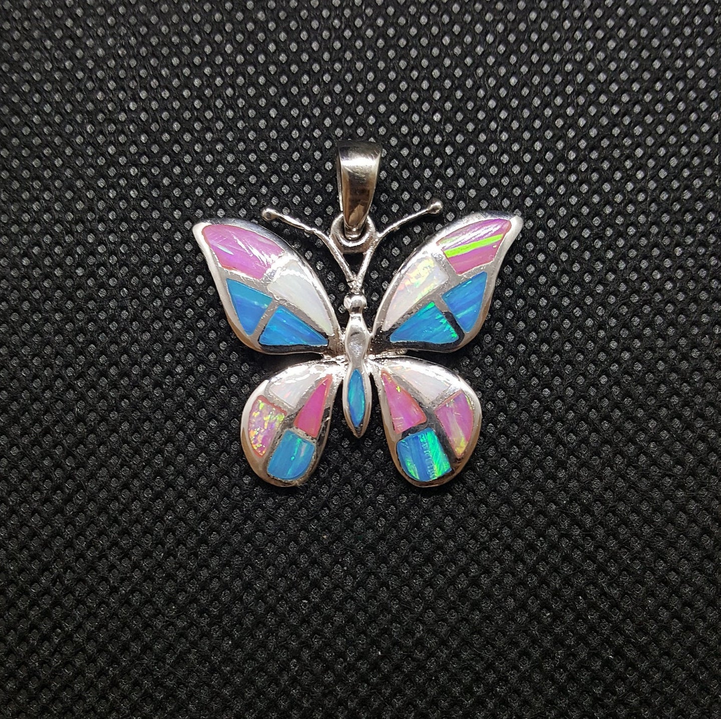 Butterfly Pink Opal White Opal Blue Opal Pendant Necklace Sterling Silver