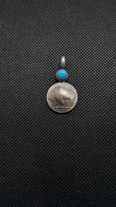 Silver Kingman Turquoise Coin Buffalo Pendant Necklace Sterling Silver