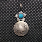 Silver Kingman Turquoise Indian Chief Coin Flower Pendant Necklace Sterling Silver