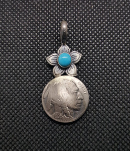 Silver Kingman Turquoise Indian Chief Coin Flower Pendant Necklace Sterling Silver