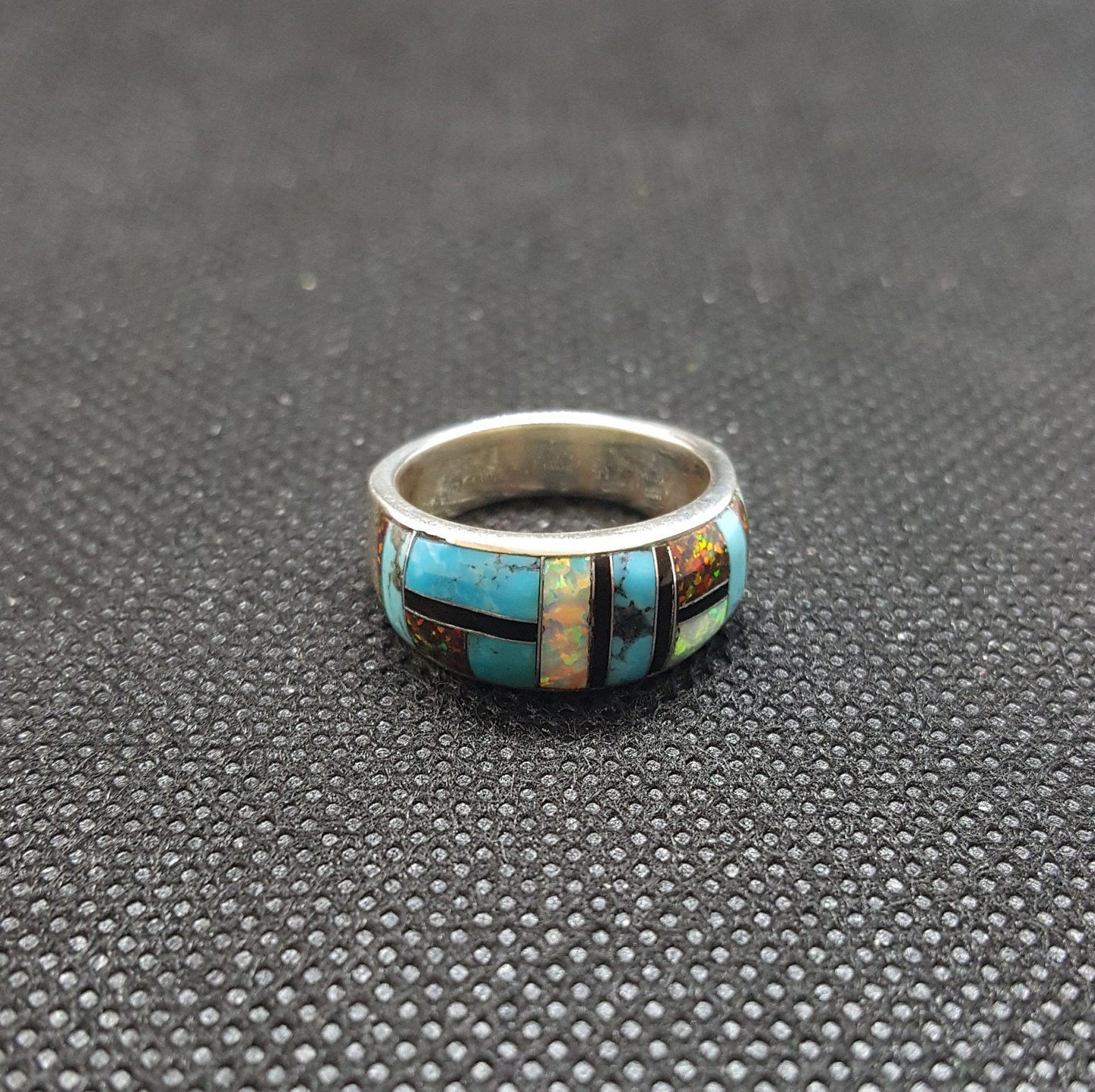 Silver Kingman Turquoise White Opal Brown Opal Black Onyx Ring Sterling Silver