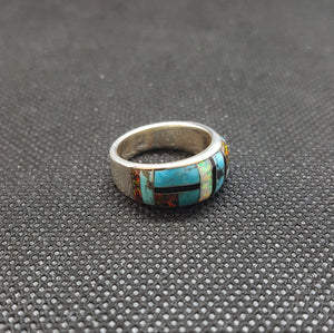 Silver Kingman Turquoise White Opal Brown Opal Black Onyx Ring Sterling Silver
