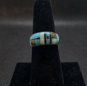 Silver Kingman Turquoise White Opal Brown Opal Black Onyx Ring Sterling Silver