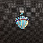Silver Triangle Inlay Kingman Turquoise Black Onyx Red Opal White Mother of Pearl Yellow Mother of Pearl Pendant Necklace Sterling Silver