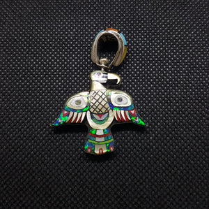 Double Sided Eagle Galaxy and  Yellow Mother of Pearl Multi Stone Inlay Pendant Necklace Sterling Silver