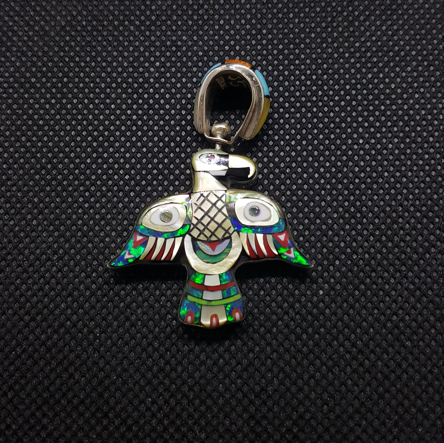 Double Sided Eagle Galaxy and  Yellow Mother of Pearl Multi Stone Inlay Pendant Necklace Sterling Silver