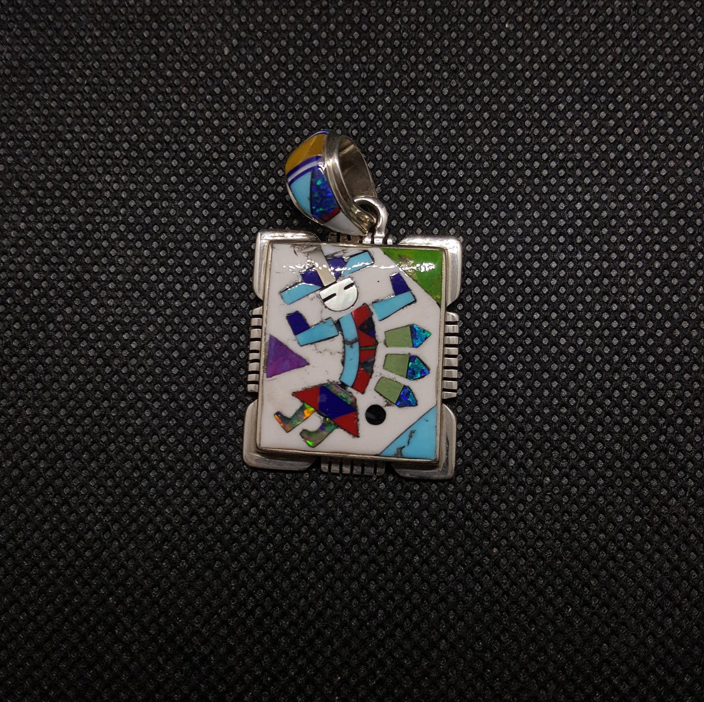 Square Multi Stone Inlay Pendant Necklace Sterling Silver