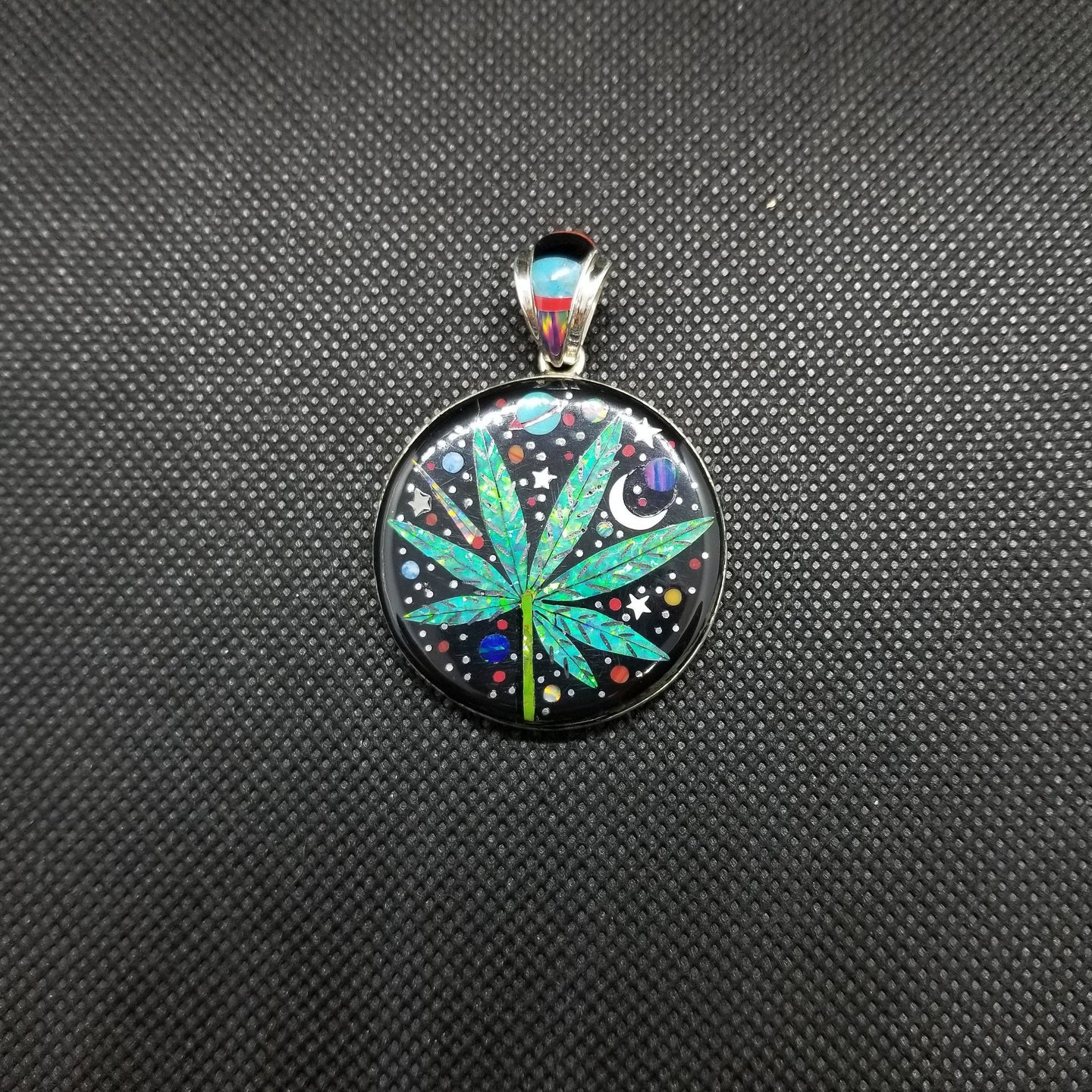 galaxy plant circle green opal kingman turquoise spiny oyster black onyx red coral streling silver pendant necklace