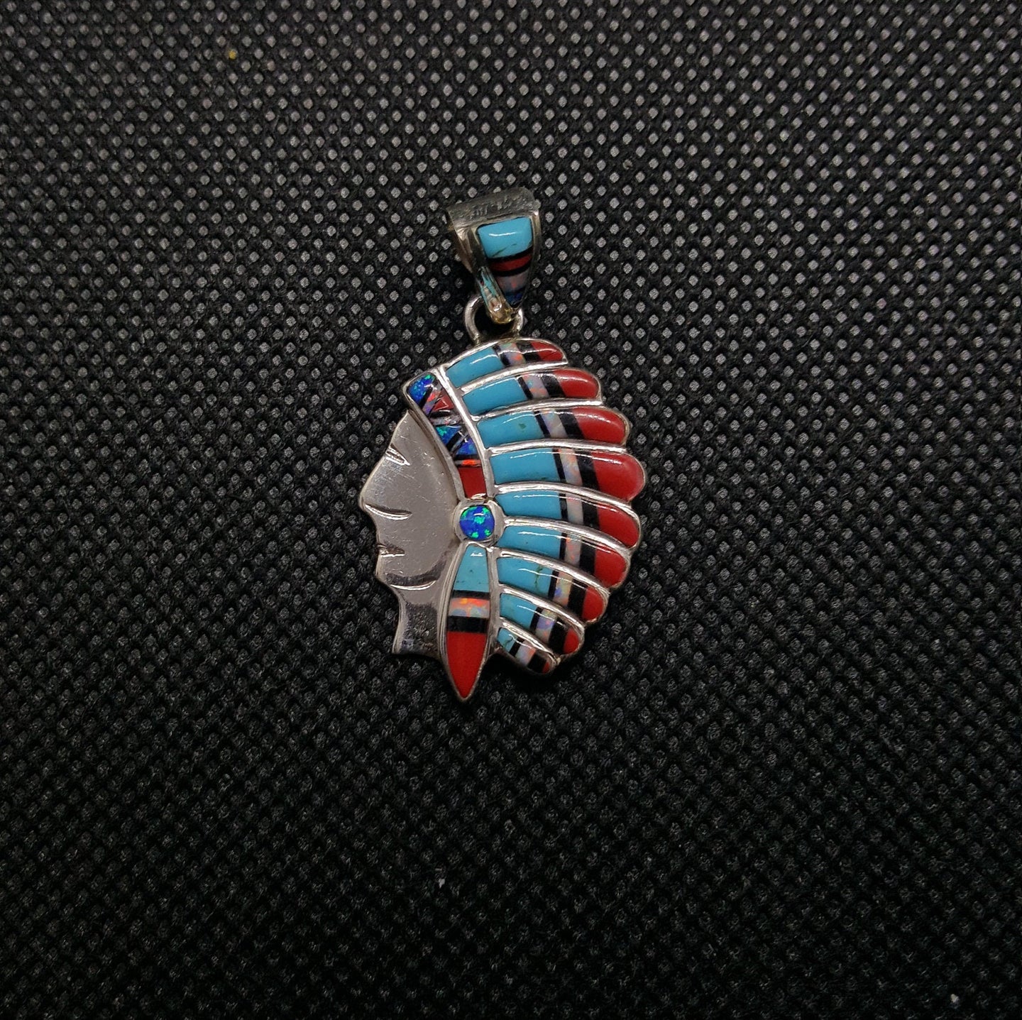 Chief Head Kingman Turquoise Blue and White Opal Black Onyx Fire Coral Pendant Necklace Sterling Silver