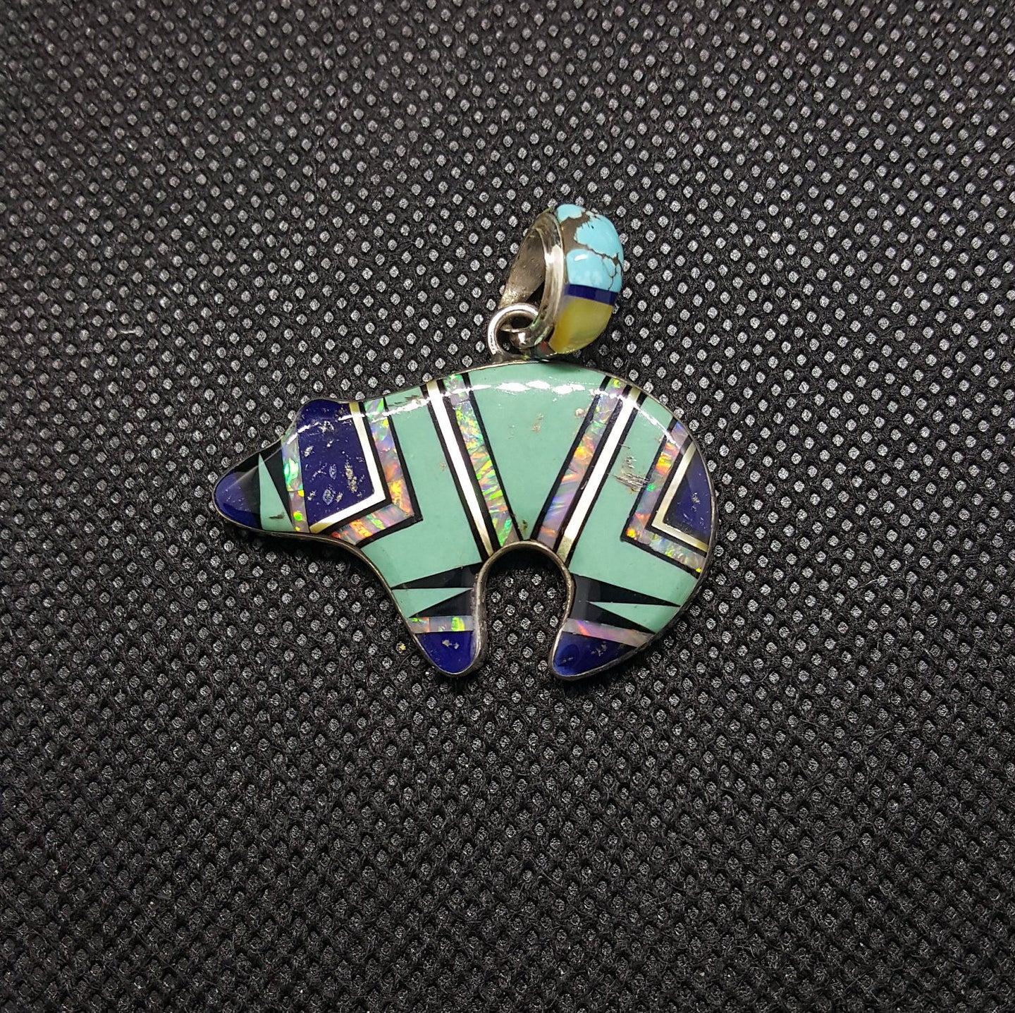Silver Kingman Turquoise Black Onyx White Opal Lapis Pendant Necklace Sterling Silver