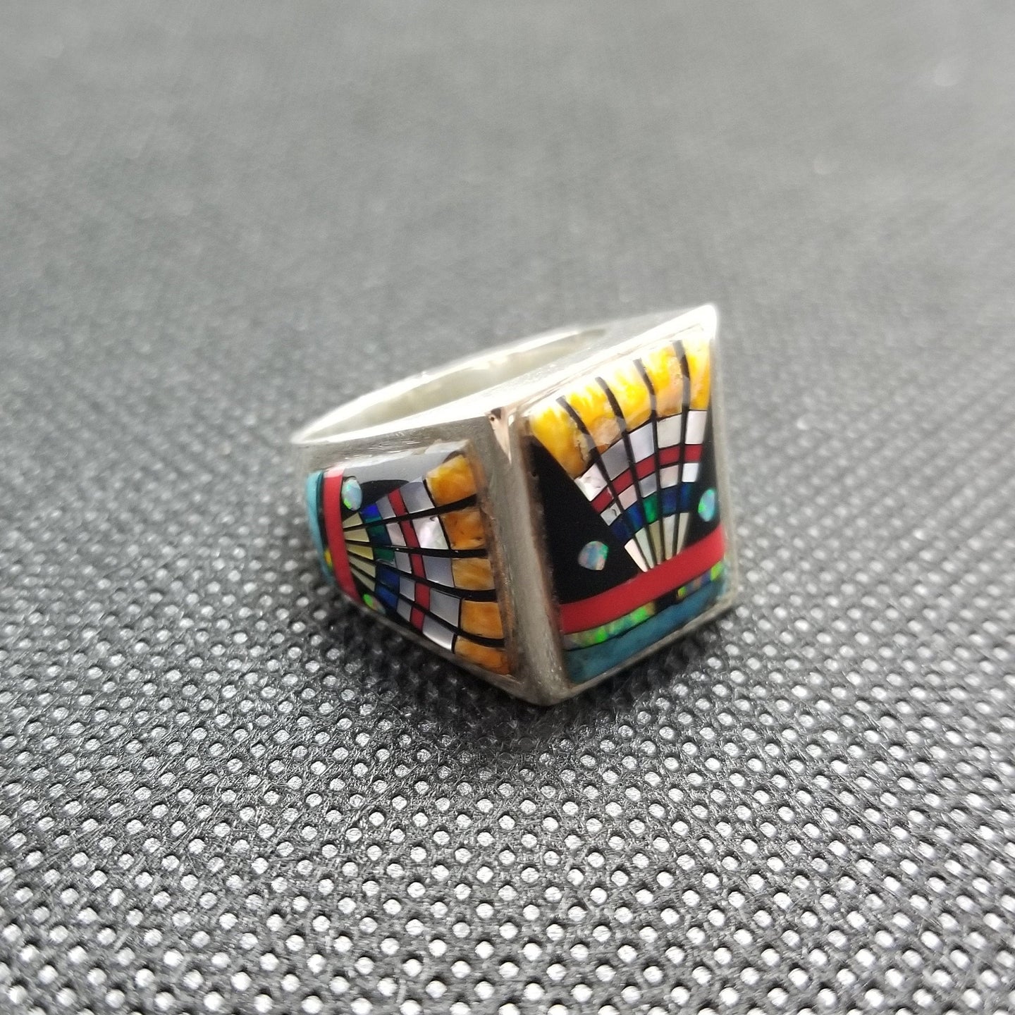 Silver Black Onyx Yellow Spiny Oyster White Mother Of Pearl Blue White Green and Yellow Opal Fire Coral Kingman Turquoise