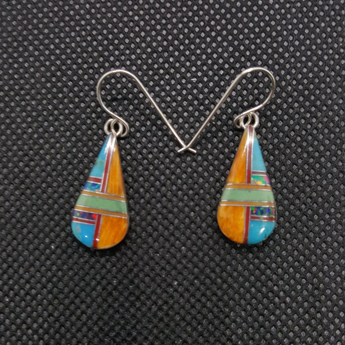 Silver Inlay Multi Stone Dangle Earing Sterling Silver