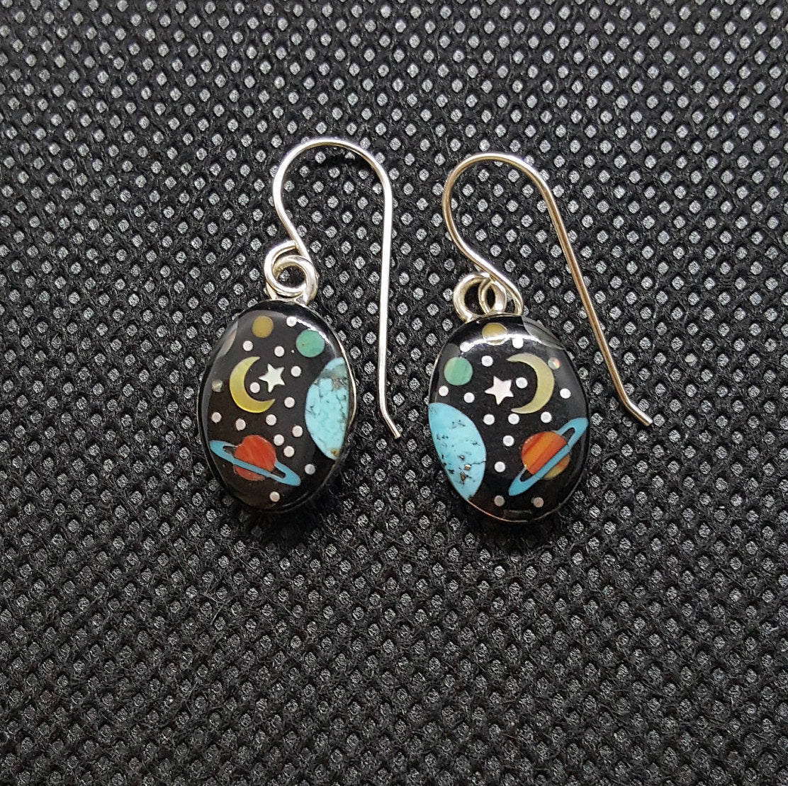 Galaxy Black Onyx Kingman and Green Turquoise White and Yellow Mother of Pearl Red Spiny Oyster Earrings Sterling Silver