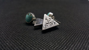 VINTAGE Silver Sleeping Beauty Turquoise Engravings Studded Earrings Sterling Silver