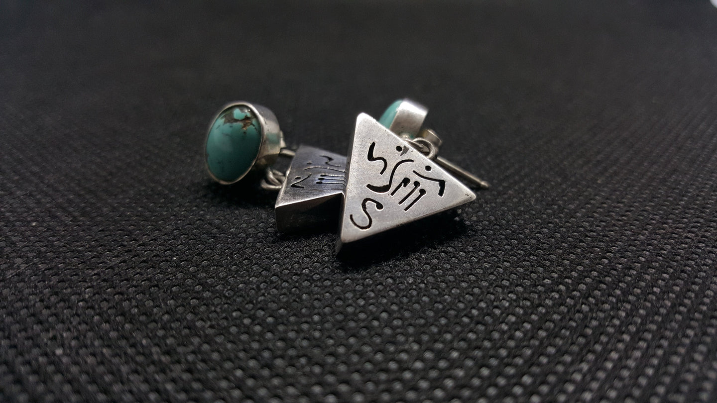 VINTAGE Silver Sleeping Beauty Turquoise Engravings Studded Earrings Sterling Silver