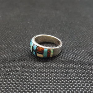 Silver Kingman Turquoise White Opal Brown Opal Black Onyx Ring Sterling Silver