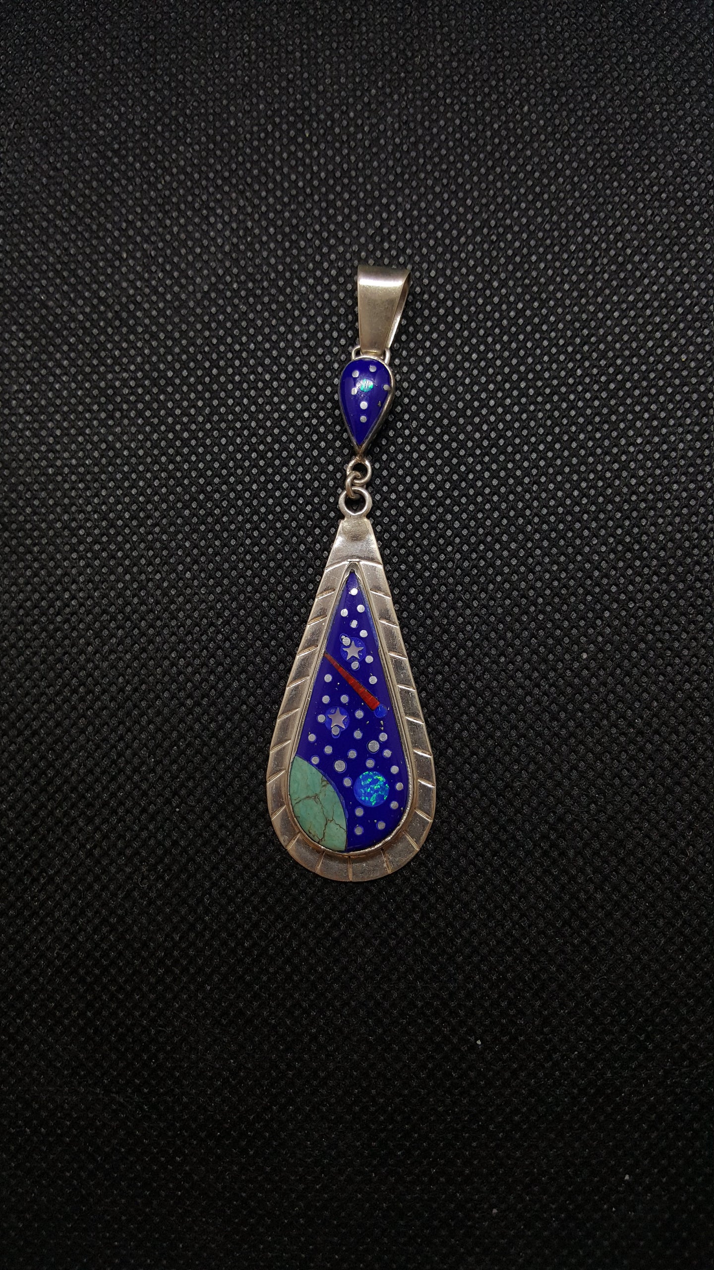 Silver Lapis Night Sky Blue and Red Opal White Mother of Pearl Kingman Turquoise Pendant Necklace Sterling Silver