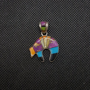 Silver Bear Inlay Purple Turquoise Kingman Turquoise Black Onyx Green Turquoise Spiny Oyster Yellow Mother Of Pearl Pendant Sterling Silver
