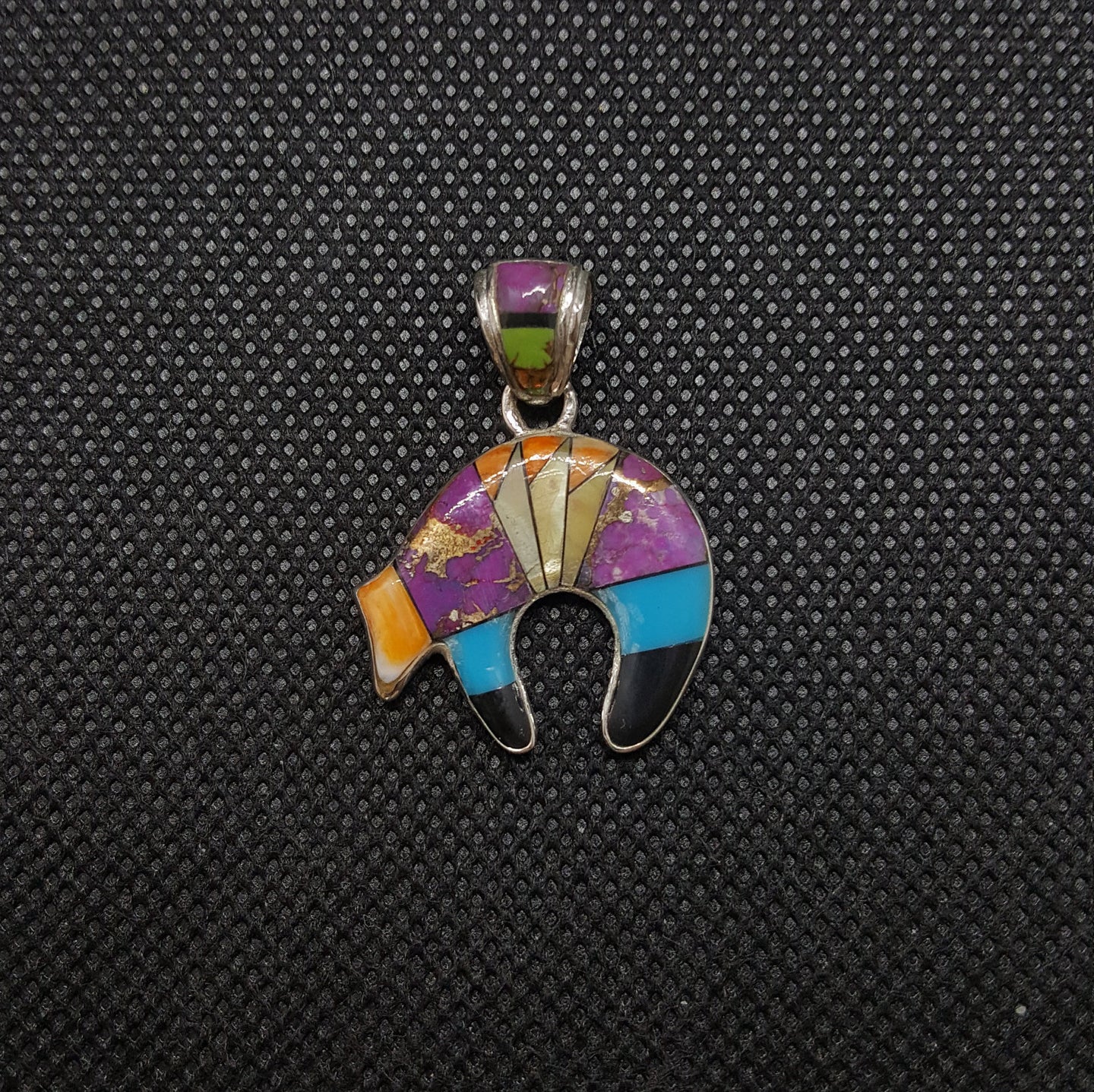 Silver Bear Inlay Purple Turquoise Kingman Turquoise Black Onyx Green Turquoise Spiny Oyster Yellow Mother Of Pearl Pendant Sterling Silver